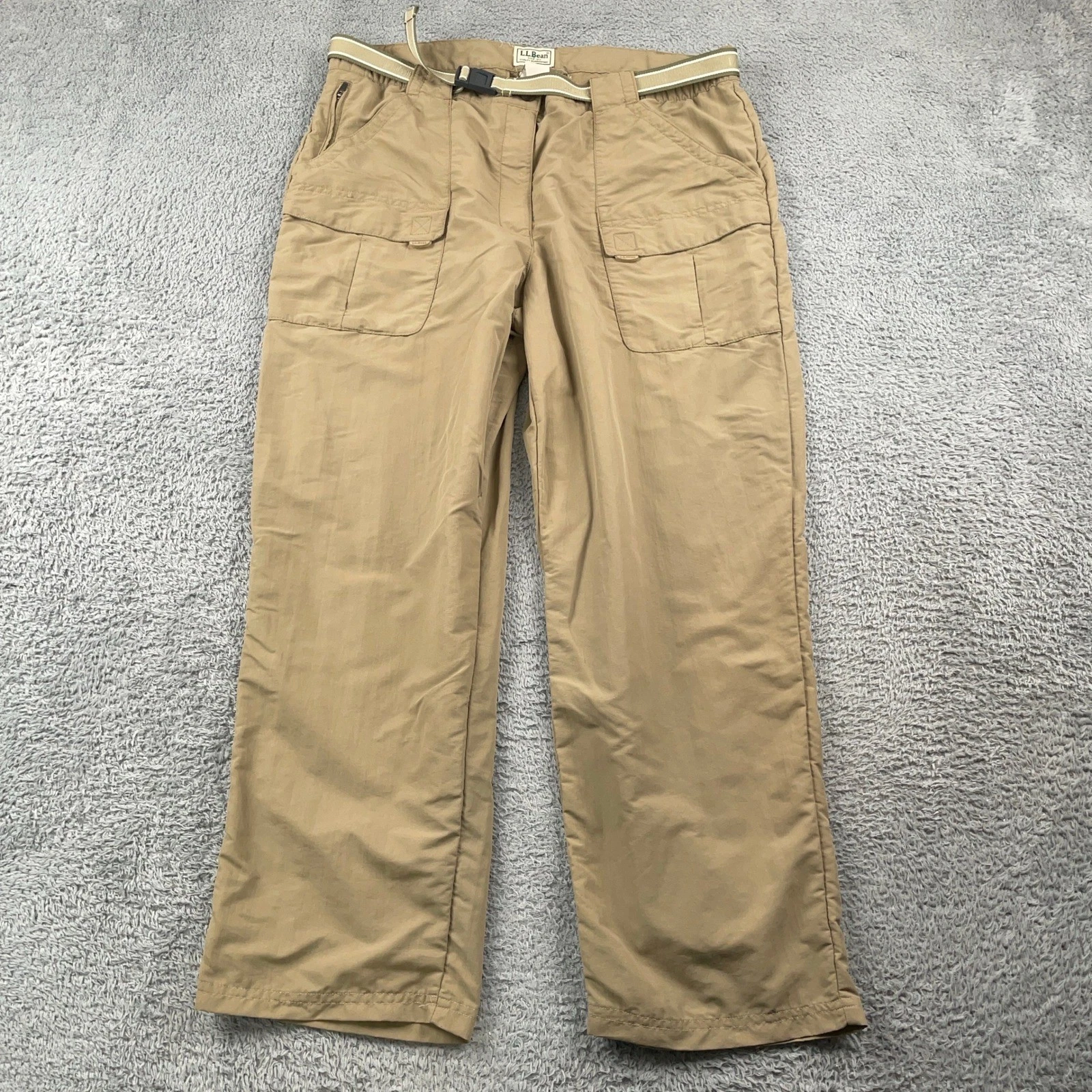 LL Bean Pants Mens Large 35x27 Tan Nylon Cargo Hiking Outdoor Belted Lightweight