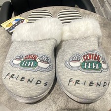 Friends Central Perk Women  s 7/8 Gray Slip-On Faux Fur Lined Striped Slippers