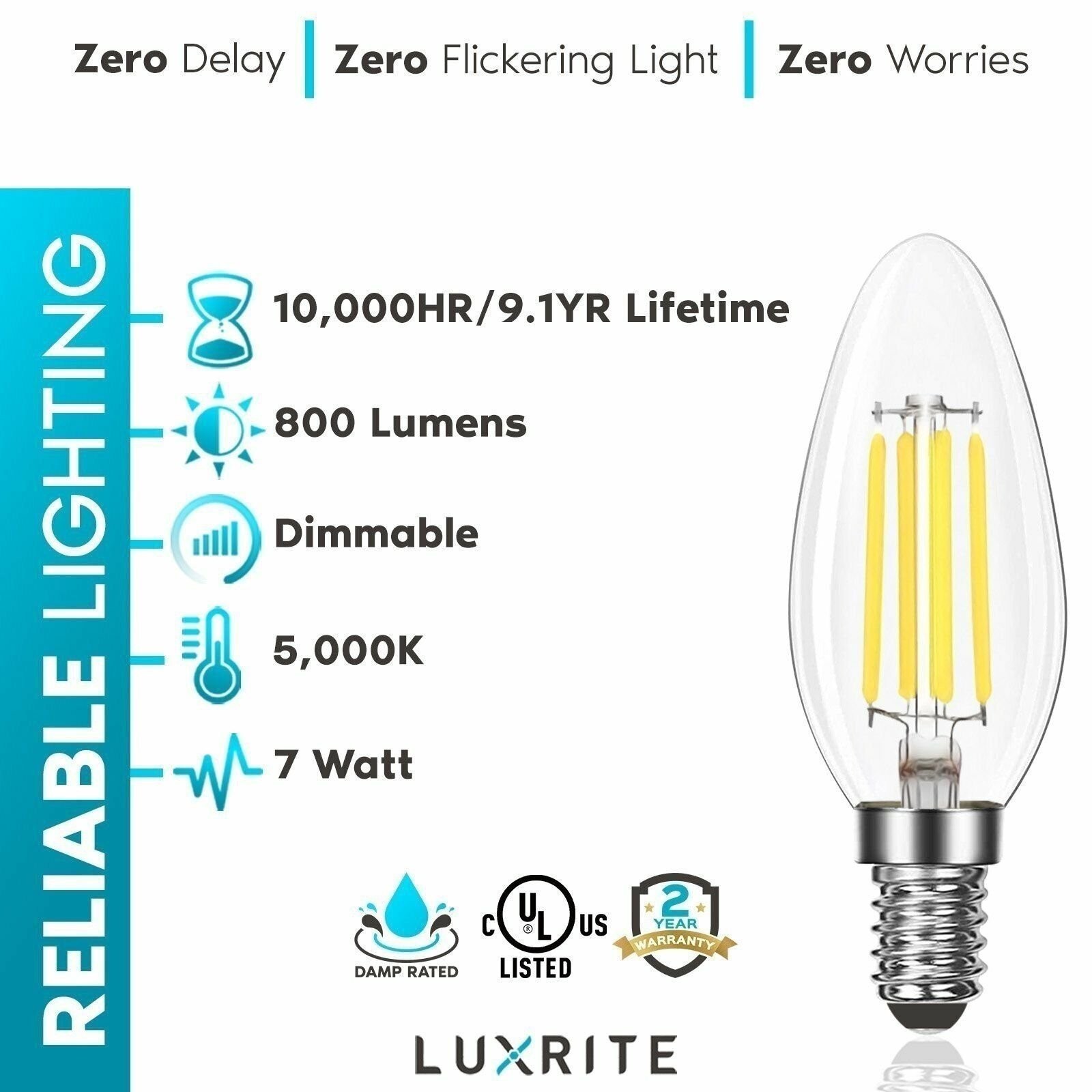 Luxrite Candelabra LED Light Bulbs 100W Equivalent 5000K B11 E12 Base 6-Pack