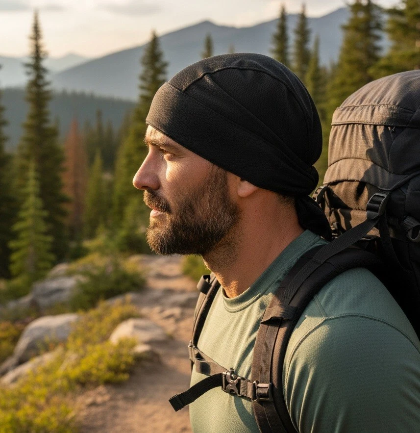 Gorra gorra de caza de motociclista envoltura para sudar negra elástica de 4 vías Foto 2 de 4