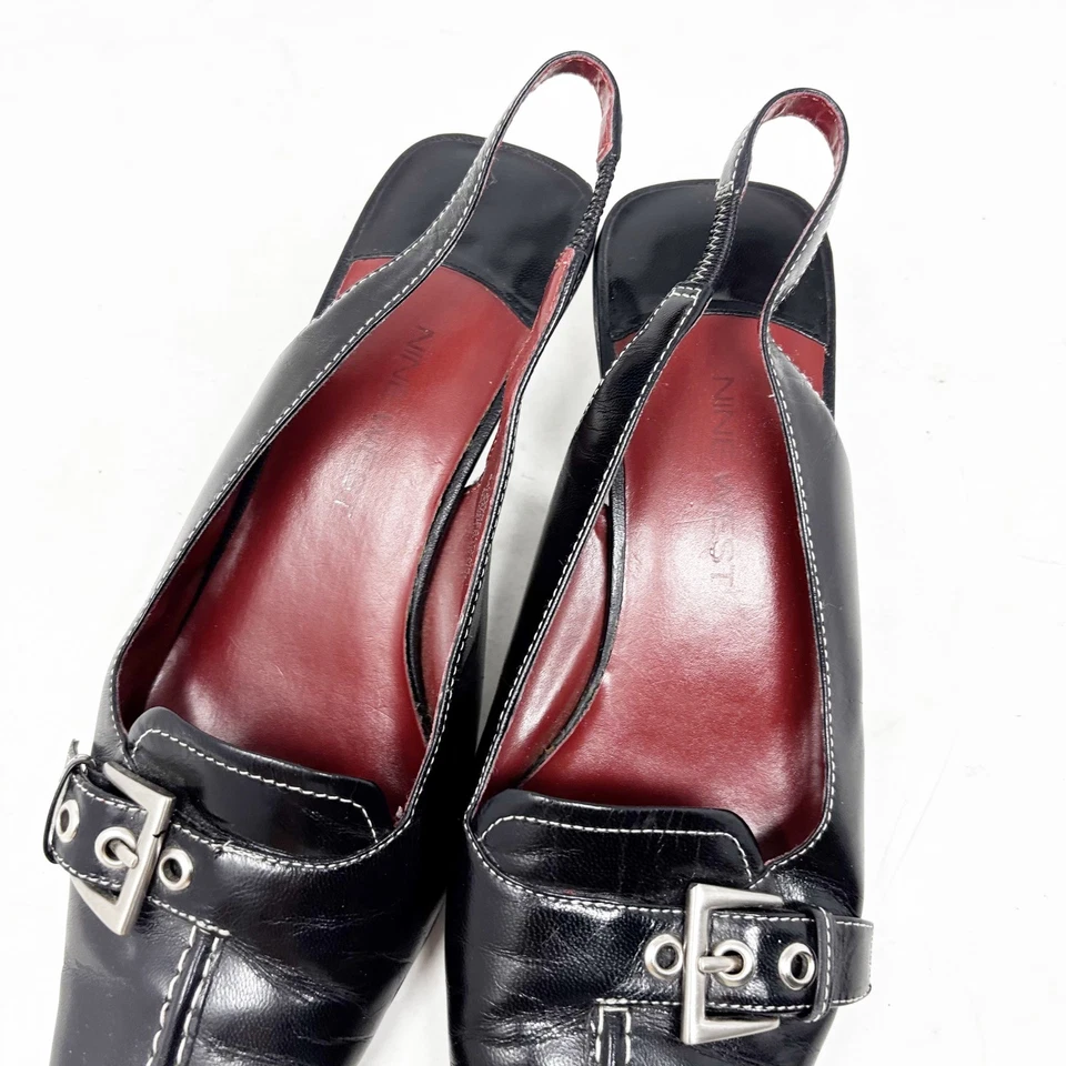 Y2K Nine West Tacones de Gatito Talla 8 Hebilla Punta Cuero Negro Foto 3 de 4