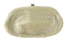 MAGID White Glass Beaded Clutch Handbag Purse Hand Kisslock Vintage Evening
