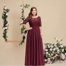 Burgundy Bridesmaid Dress 3/4 sleeve Chiffon Dress Lace Illusion Sleeve Dresses
