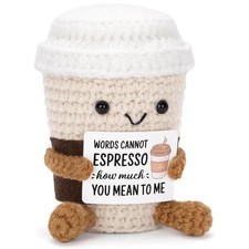 Funny Crochet Emotional Support Coffee Doll with Card Desktop Ornament Handmade