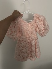 Girls Pink Floral Lace Fit  Flare Dress V-Neck Puff Sleeves Bow Size 7