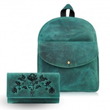 Gr&uuml;ne Ledergeldb&ouml;rse f&uuml;r Frauen T-05-GR Vintage-Rucksack f&uuml;r Frauen T-18-HGR Ges
