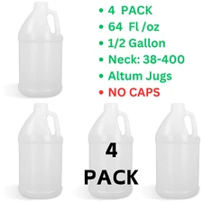 4 PACK Half Gallon Plastic Jug, Screw-On Cap, Reusable, HDPE Plastic 64Fl/oz