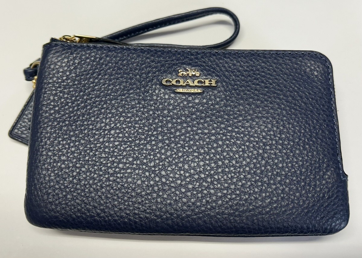 NWT COACH PEBBLED LEATHER DOUBLE CORNER ZIP BLUE WALLET WRISTLET