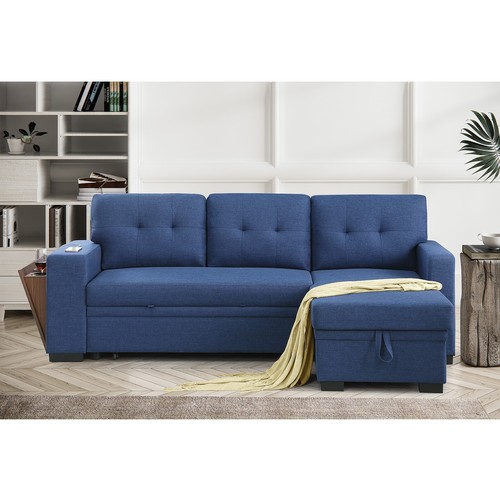L Shaped Convertible Sectional Sofa Pull Out Couch Bed w/ Storage Chaise & USB - Picture 12 of 19