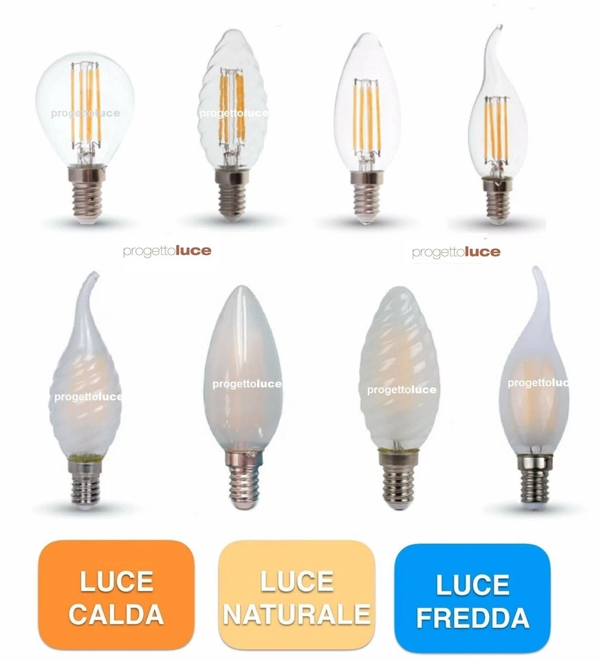 PROGETTO LUCE LAMPADINE LED E14 4W LAMPADA FILAMENTO GLOBO SFERA FIAMMA TORTIGLIONE
