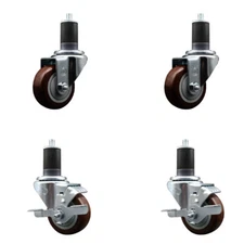 3 Inch Maroon Poly Wheel Swivel 1-5/8 Inch Expanding Stem Caster Set 2 Brakes