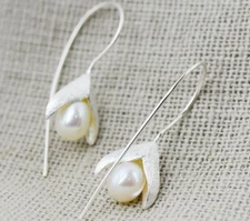Pearl Earrings sterling silver blossom flower floral drop Thailand gift S6