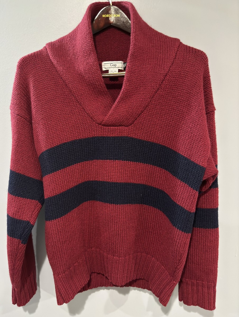Vintage 80s Gap 100% Wool Striped Shawl Collar Sweater Large