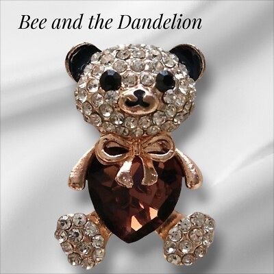 Strass Teddybär mit großer tiefvioletter Kristall Liebe Herz goldfarbene Brosche