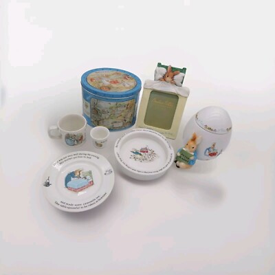 Beatrix Potter Peter Rabbit Lot Of 7! Baby Dishes, Nursery Decor & Picture Frame