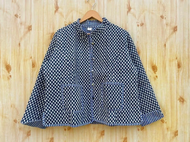 Indian Blue Floral Hand Block Cotton Quilted Unisex Women's Clothes Jackets US