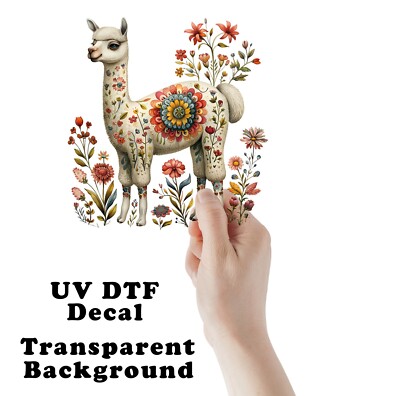 Floral Folk Art Alpaca UV DTF Transparent Sticker / Decal