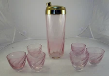 Vintage mid-century pink glass cocktail shaker with 6 glasses