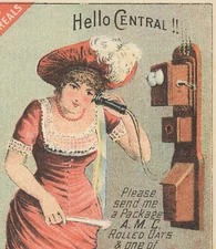 POWNAL VT TRADE CARD, A M C ROLLED OATS, FLOUR etc LADY WITH LG WALL PHONE  X956