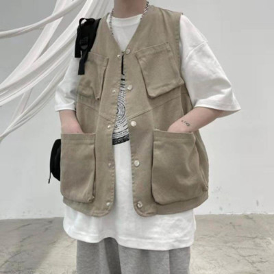 Men Fashion Tooling Vest Hip Hop Jacket Korean Men Cargo Vest Loose Multi-Pocket