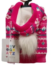 Novogratz Fleece Lined Hooded Dog Sweater XS Pink w/Multicolor Design White Pom