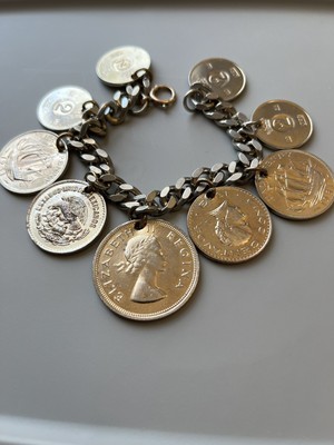 Vtg Coins Charm Bracelet 9 Coins Copper Sweden Africa Mexico Great Britain 1950s