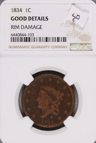 1834 Coronet Head Large Cent NGC Good Details Rim Damage #4-103