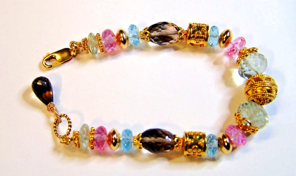 Sterling Silver Green Amethyst Blue Pink Topaz Quartz Bali Vermeil Bracelet - Image 4 of 4