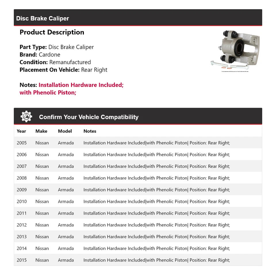 Pinça de freio a disco traseira direita Cardone 2006 2007 2008 para 2005-2015 Nissan Armada - Imagem 2 de 4