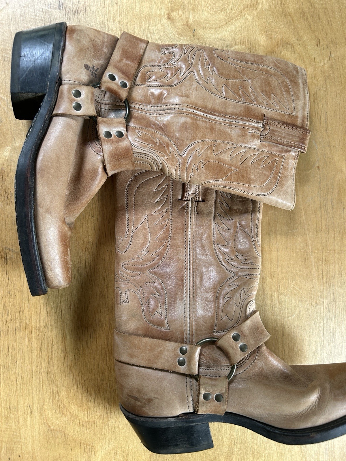 Vintage Frye Brown Eagle Harness Western Boot Women Sz 9 Cognac Square Toe OT