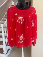Fig  Flower Red Lightweight Gauze Top Floral Embroidery Boho M