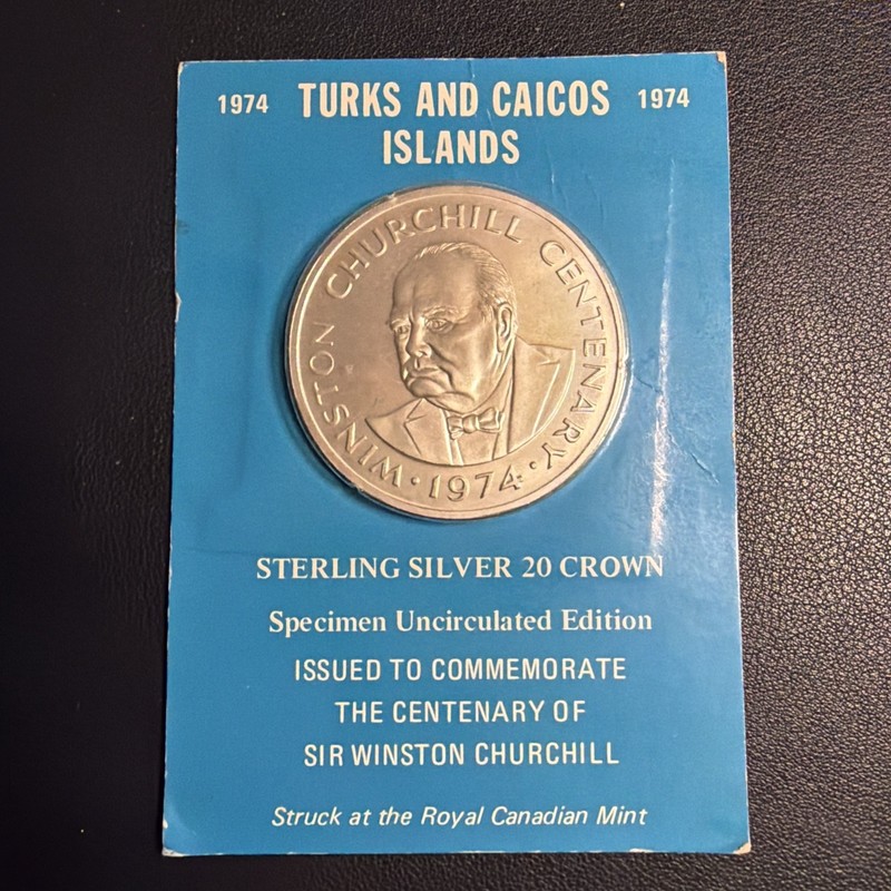 1974 Turks and Caicos Islands Churchil 20 Crown Sterling Silver Coin 1.1509 VIN3