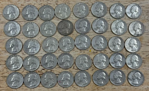 Lot of 40 1963 Washington 90% Silver Quarters Circulated - Full Roll