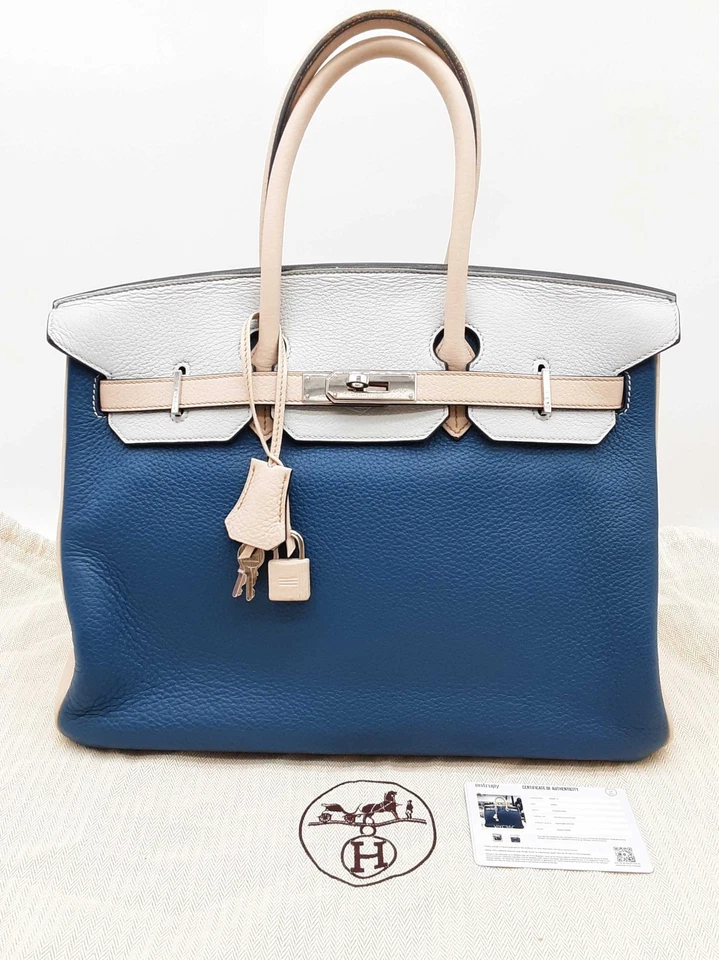 Hermes Custom Birkin 35 Blue Beige Clemence Palladium Handbag Do0825srxzde - Image 2 of 4
