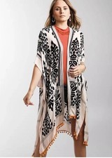 Angie Bohemian Tassel Trim Printed Open Front Kimono Cover Up One Size