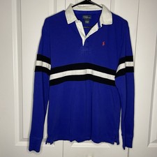 Polo Ralph Lauren Boys Large 14/16 Blue Rugby Stripe Long Sleeve Polo Y2K Rare