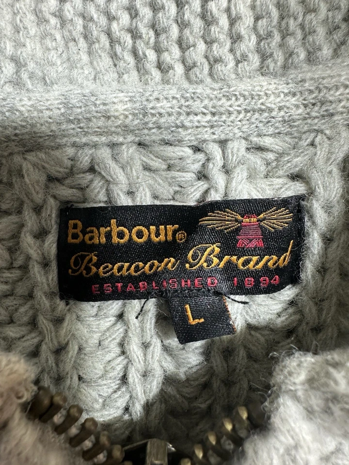 BARBOUR Sweater Cable Knit Lambswool Shawl Neck 1/4 Zip Mens Large Jumper Grey - Image 4 of 4