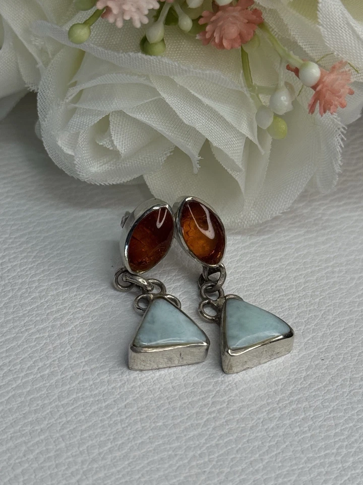 925 Sterling Silver Amber & Larimar Earrings Length 1.30 Inch - Image 2 of 4