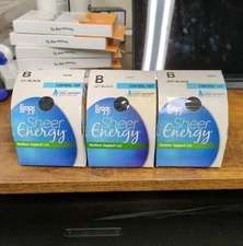 3 Pair L'eggs Sheer Energy Control Top Pantyhose Size B Medium Jet Black