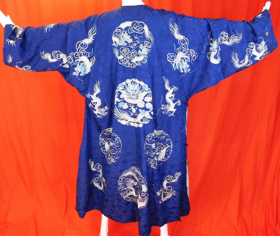 Antigua túnica china de dragón Longpao bordada brocado tejido damasco seda azul Foto 4 de 4