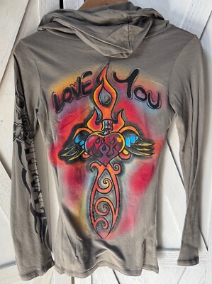 New Vocal Apparel womens crystal love you airbrush look long sleeve hoodie shirt