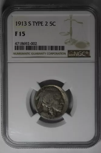 1913-S .05 NGC  F15 TYPE 2 Buffalo Nickel, Indian Nickel, 5 Cent Piece