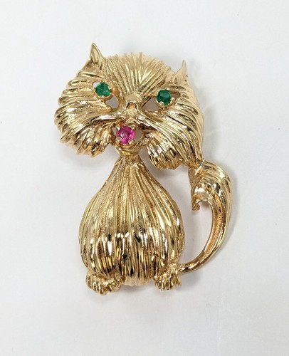 14 KT Gold Emerald and Ruby Cat Brooch Pin