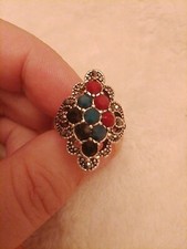 Diagonally Set Red Green And Black Gems With Marcasite Accents On Unknown Metal