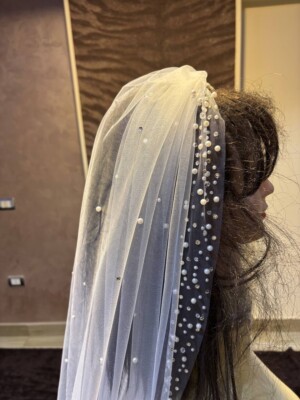 Crystal and beaded single-tier veil RULTA 1 Tier Lace Appliques Bridal Veil Crystal Beaded Tulle  main image 4