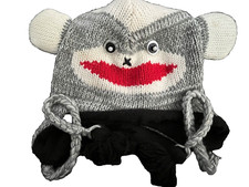 Sock Monkey Ear Flap Beanie Hat - Knit with Button Eyes - One Size