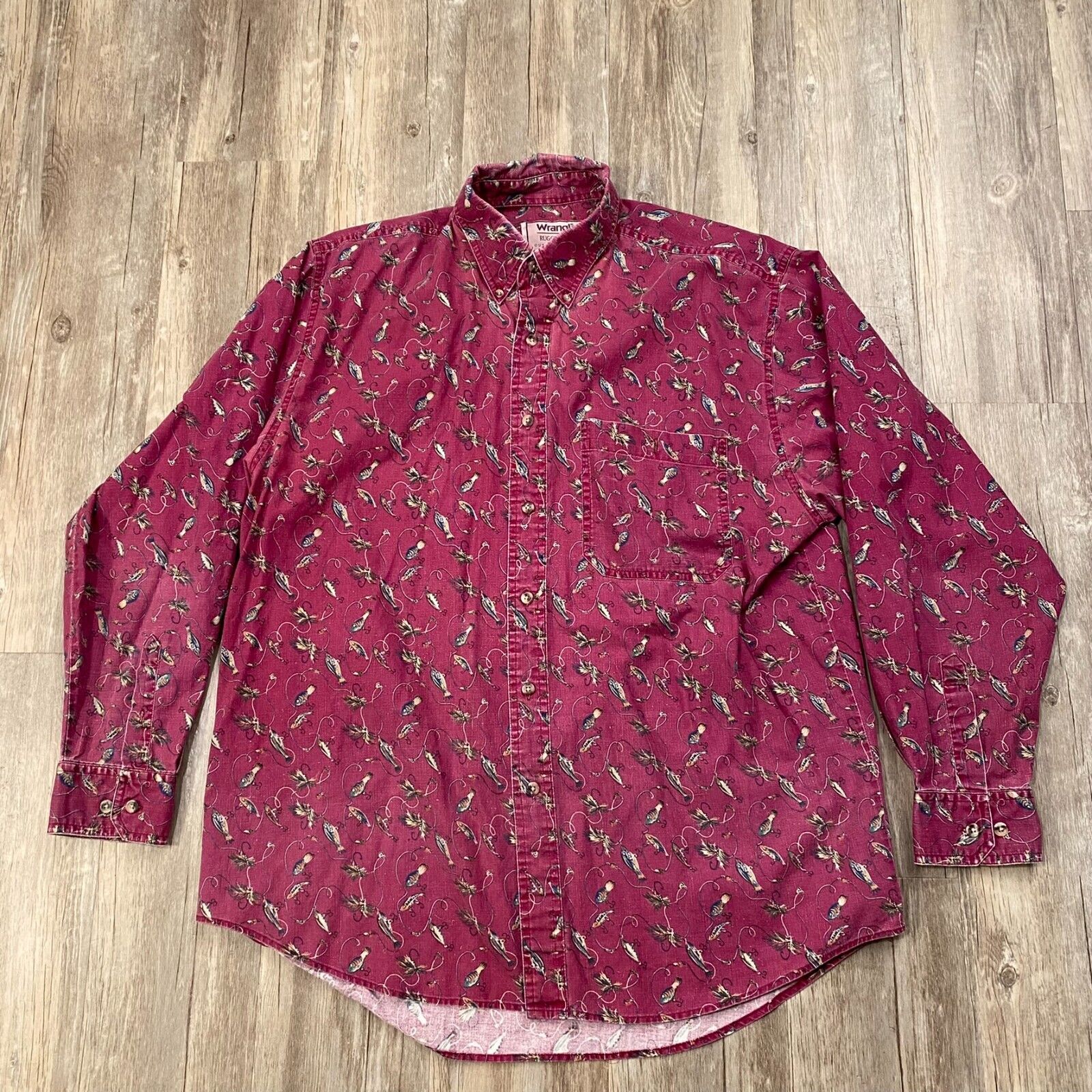 Wrangler Mens Rugged Wear  Brushpopper Red Fly Fishing  Button Shirt Size Large
