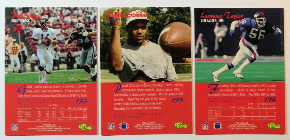 3-Card GIANTS Lot _ *Lawrence Taylor *Michael Strahan *Simms _