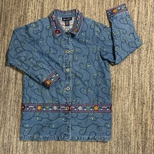 Denim Co Embroidered Denim Jacket Floral Button Down Jean Jacket Medium Long