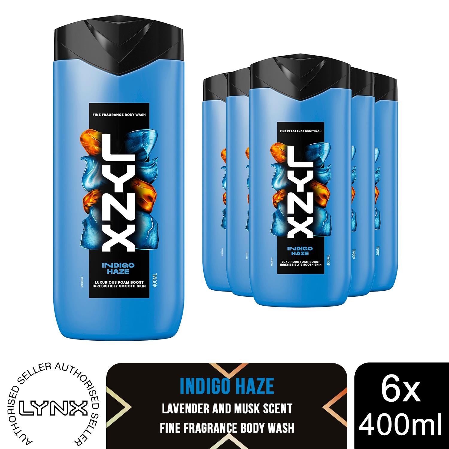 Lynx Fine Fragrance Indigo Haze Body Wash Premium Scent Lavender Musk 400ml, 6PK